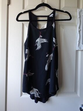 Kismet Black Tank Top with White Crane Print